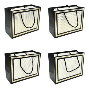 Set patru pungi dreptunghiulare cu manere, model cu mici forme geometrice, Negru-Auriu, 18x23x10