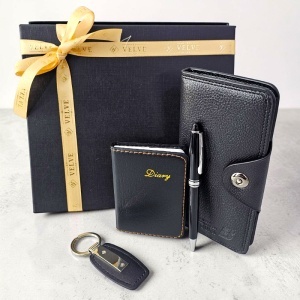 Set pentru barbati Business Kit, cu portofel lung, carnetel, breloc si pix, negru, in cutie eleganta - Img 3