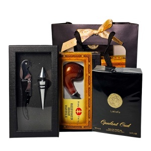 Set pentru barbati cu parfum arabesc Lattafa Opulent Oud 100 ml, pipa din lemn, set accesorii vin, in punga eleganta