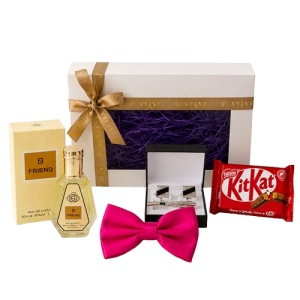 Set pentru barbati Fucsia Party Edition cu parfum arabesc Friend, papion, butoni, ac de cravata si ciocolata
