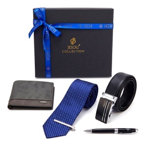 Set pentru barbati JESOU COLLECTION, cutie premium cu portofel, curea, cravata cu ac si pix elegant, Negru - Albastru - Img 2
