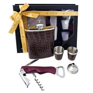 Set pentru barbati VLV, cu plosca, pahare, palnie si desfacator, maro burgund - Img 1