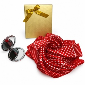 Set pentru femei Satin Glow cu esarfa satinata 50x50 cm si oglinda compacta, in cutie eleganta, rosu cu buline albe