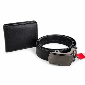 Set premium pentru barbati Beltimore, portofel compact și curea cu catarama automata, din piele naturala, in cutie eleganta, Negru - Img 2