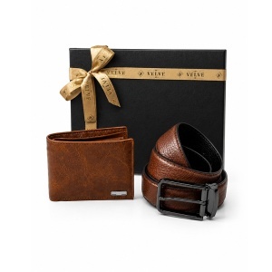 Set premium pentru barbati Essential Brown cu portofel si curea maro din piele eco, in cutie eleganta