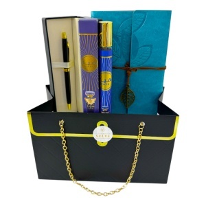 Set premium Prestige Blue unisex, cu jurnal, pix si parfum Haya 35 ml, in cutie eleganta tip geanta - Img 2