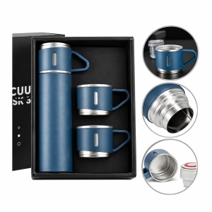Set termos inox 500 ml cu 3 cani, pereti dubli, mentinere temperatura pana la 12 ore, albastru - Img 3