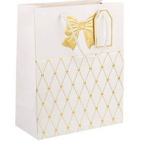 Set trei pungi pentru cadou, model alb cu romburi aurii, 15 x 12 x 7 cm