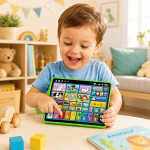 Tableta educationala bilingva pentru copii, Romana-Engleza, cu activitati interactive, cifre, litere, animale si sunete, Verde - Img 2