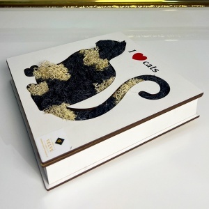 Tablou decorativ cu licheni stabilizați „I Love Cats”, siluetă pisică, 20x20 cm, Multicolor - Img 5