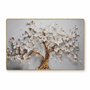 Tablou decorativ modern Copac Inflorit 3D in relief, cu flori albe si cristale, rama aurie, 60x40 cm