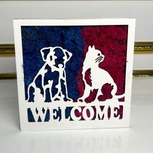 Tablou decorativ Welcome cu licheni stabilizați și siluete de animale, 20x20 cm, Albastru – Fucsia - Img 5