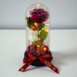 Trandafir artizanal in cupola cu petale decorative pe blat negru, LED, Visiniu - Img 3