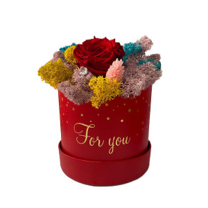 Trandafir criogenat Amour Rouge decorat in cutie cu licheni naturali stabilizati Rosu