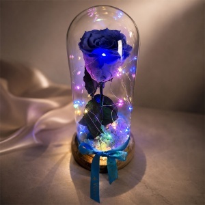 Trandafir criogenat premium XL in cupola de sticla, gradient Albastru-Mov si sclipici, inaltime 25 cm, LED multicolor inclus - Img 2