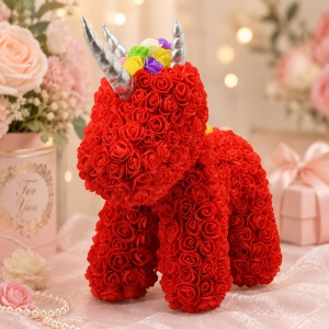 Unicorn floral rosu din trandafiri de spuma cu LED-uri, in cutie transparenta, 40 cm - Img 2