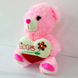 Ursulet de plus BUBU, cu inimioara si imprimeu Flower cu text "LOVE", inaltime 30 cm, Roz 1