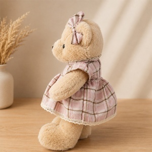 Ursulet de plus premium, fetita cu rochita roz in carouri, inaltime 35 cm - Img 6