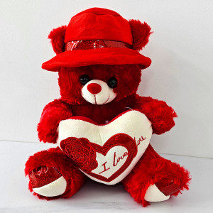 Ursulet de plus Pudding, palarie cu bentita satinata si inimioara cu trandafir imprimat "I Love You", inaltime 30 cm, Rosu 4