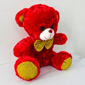 Ursulet de plus Red Sunny, cu papion si texturi glitter, inaltime 30 cm, Rosu/Auriu 4