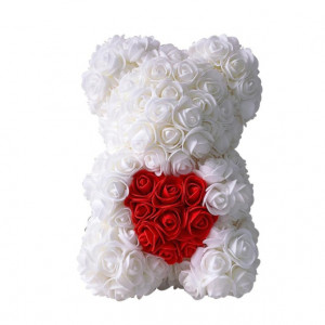 Ursulet floral alb cu inima rosie, din Trandafiri 25 cm, decorat manual, cutie cadou - Img 4