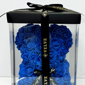 Ursulet floral cu trandafiri din spuma, 25 cm, decorat manual, cutie cadou, Albastru - Img 3