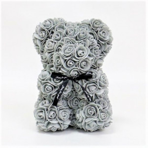 Ursulet floral cu trandafiri din spuma, 25 cm, decorat manual, cutie cadou, Gri