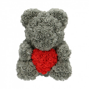 Ursulet floral din trandafiri de sapun Teddy Bear in Love in cutie cadou, 40 cm, gri