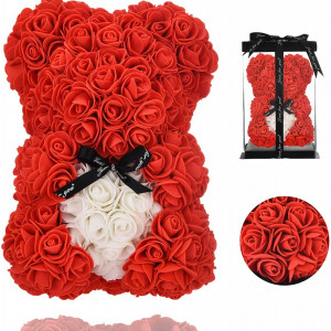 Ursulet floral rosu cu inima alba din Trandafiri 25 cm, decorat manual, cutie cadou