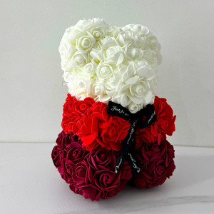 Ursulet Floral Teddy Bear Rainbow cu trandafiri din spuma hand-made, 25 cm, in cutie cadou, Rosu 3