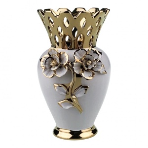 Vaza din ceramica cu imprimeu floral 3D, 20cm, Alb-Gold