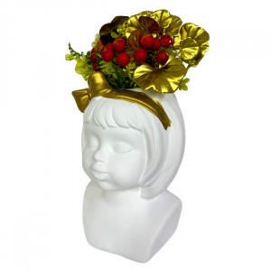 Vaza Girl, din material ceramic, cu aranjament floral artizanal, Alb/Auriu 2