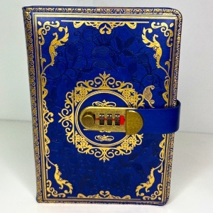 Agenda Vintage Elegance, din piele ecologica, cu cifru numeric, Albastru-Auriu, 22x15 cm - Img 3