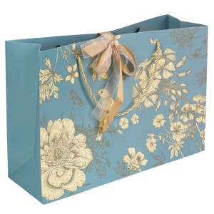 Ambalaj pentru cadouri de tip punga, aspect floral, cu snur si panglica satinata, Turquoaz, 36 x 12 x 24 cm