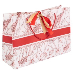 Ambalaj pentru cadouri tip punga, cu model floral, snur si panglica satinata, Rosu, 36 x 12 x 24 cm