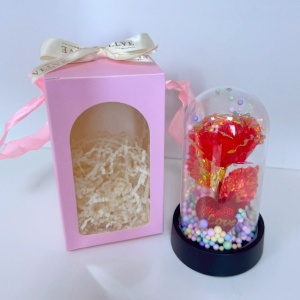 Aranjament Bubble Tea in Love in Cupola Sticla, cu Trandafir artizanal, LED si elemente Valentine's Day in cutie eleganta, Rosu in cutie VELVE