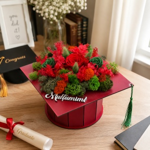 Aranjament floral absolvire 2026 in forma de toca rosie Graduate cu trandafiri criogenati, hortensii si licheni conservati - Img 3