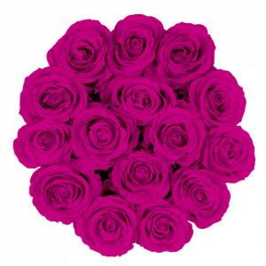 Aranjament floral cu 15 trandafiri de sapun, in cutie neagra rotunda Fucsia