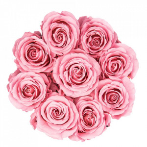 Aranjament floral cu 9 trandafiri de sapun, in cutie neagra rotunda, roz