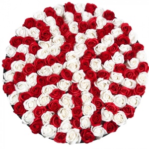 Aranjament floral cutie rotunda neagra cu 125 trandafiri de sapun, Bicolor