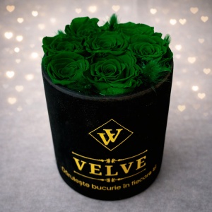 Aranjament floral Eternal Rose cu trandafiri criogenați și lagurus în cutie rotundă, Verde