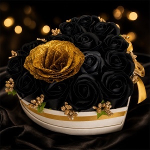 Aranjament floral in forma de inima Velvet Heart cu 15 trandafiri de sapun si accent cu sclipici, Negru - Auriu - Img 5
