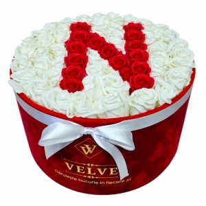 Aranjament floral litera cu 55 trandafiri de sapun in cutie rotunda catifea rosie, litera N
