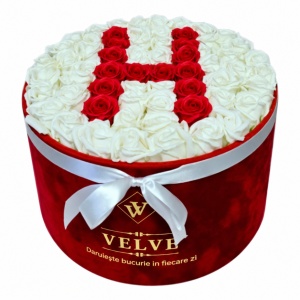 Aranjament floral litera cu 55 trandafiri de sapun in cutie rotunda catifea rosie, litera H