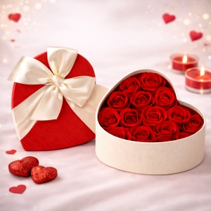 Aranjament floral Passion cutie inima cu 15 trandafiri de sapun, Rosu