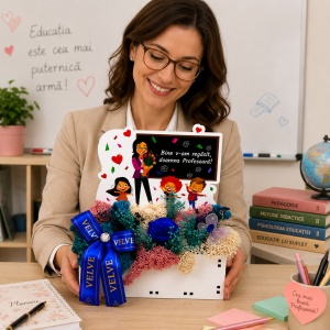 Aranjament floral pentru Profesoara cu trandafir albastru criogenat, lagurus si licheni stabilizati, in cutiuta decorativa cu mesaj special - Img 3