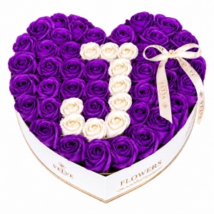 Aranjament floral personalizat cu litera, in cutie inima, cu 49 trandafiri de sapun, Mov-Alb - Img 10