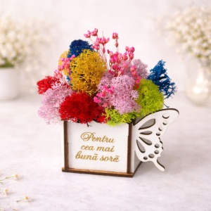 Aranjament floral Whiff "Cea mai buna sora ", licheni stabilizati si plante uscate, in cutie de lemn