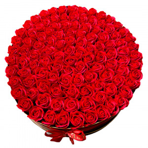 Aranjament mare floral, Breeze Royal, cu 135  trandafiri de sapun, in cutie rotunda aurie, Rosu, Diametru 50 cm2