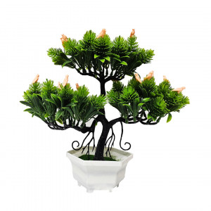 Bonsai decorativ artificial, cu pasari, in ghiveci miniatural, Balance Bird, Somon, Inaltime 28 cm - Img 5